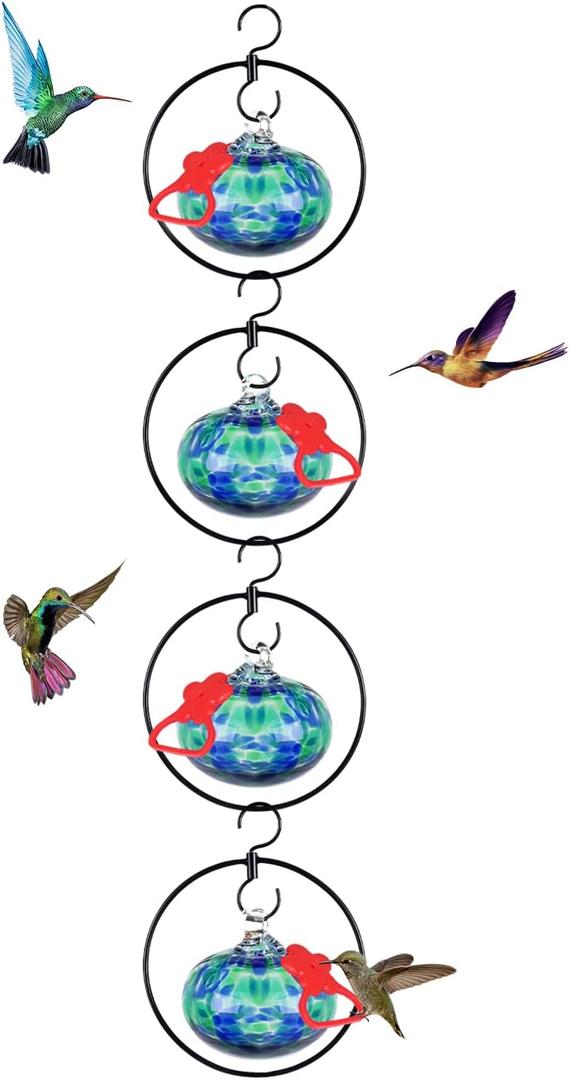 4 Pack Circular Hummingbird feeders for Outdoors Hanging,Hand Blown Glass Hummingbird Feeder with 4 Adjustable Silicone Perch,Never Leak,Gardening Gifts for Woman Man(Dotted Blue)