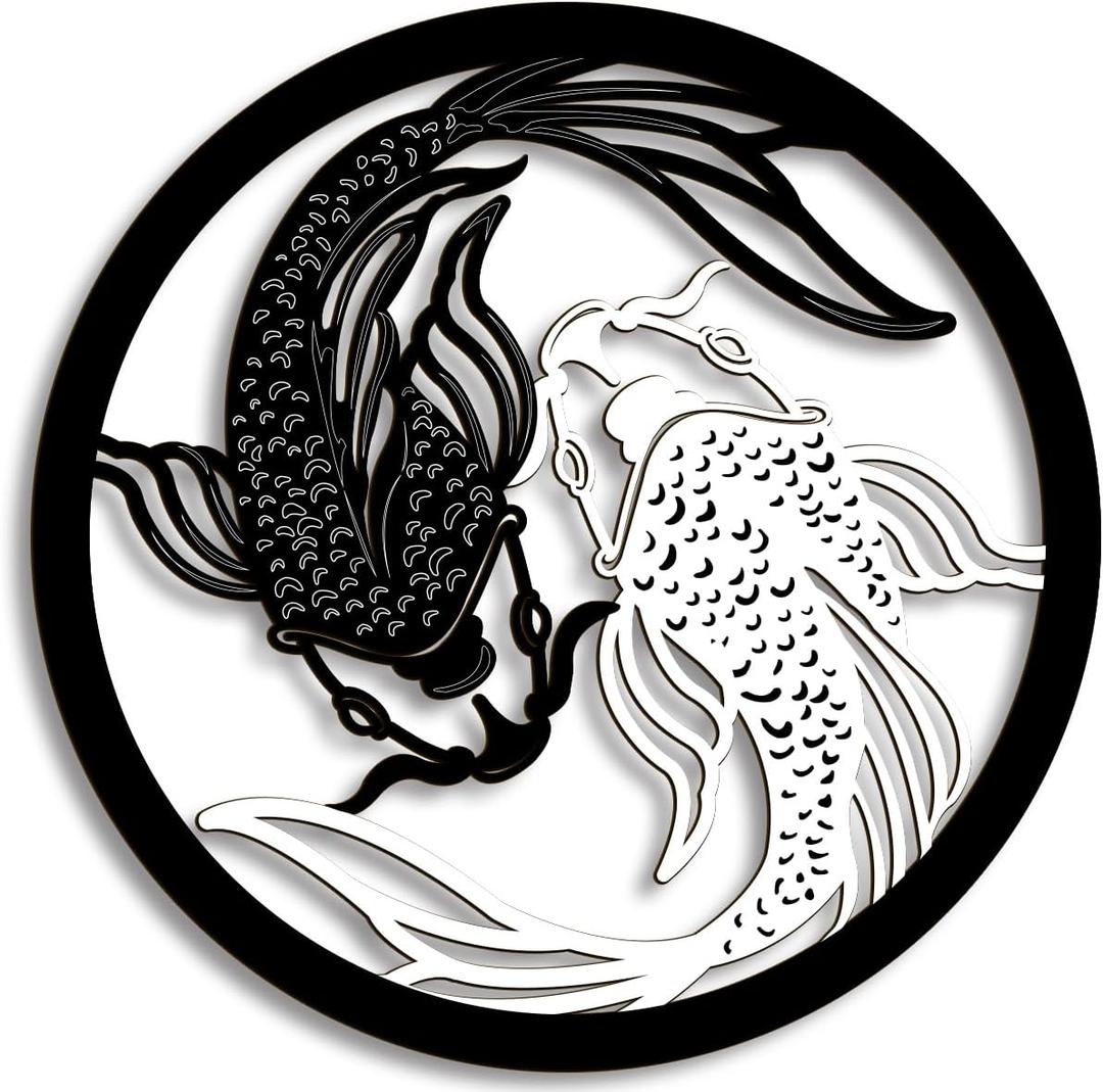 Creoate Koi Fish Wooden Wall Art, Black and White Yin Yang Themed Zen Decor for Yoga Room Bathroom Living Room Farmhouse, 12x12 inches