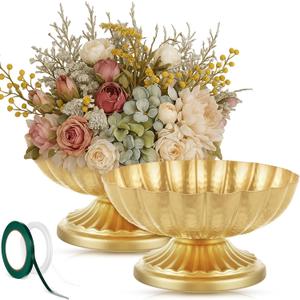 2 Pcs Metal Compote Bowl for Centerpiece Flower Holder Small Compote Vase Indoor Outdoor Flowers Fruits Plant for Christmas Wedding Home Party Decoration (Medium,Bright Gold)