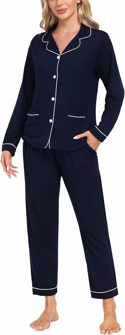 MoFiz Womens Pajamas Set 2 Piece Button Down Pjs Soft Long Sleeve Top and Pants Sleepwear Set V Neck Drawstring Elastic Waist Lounge Sets Navy M
