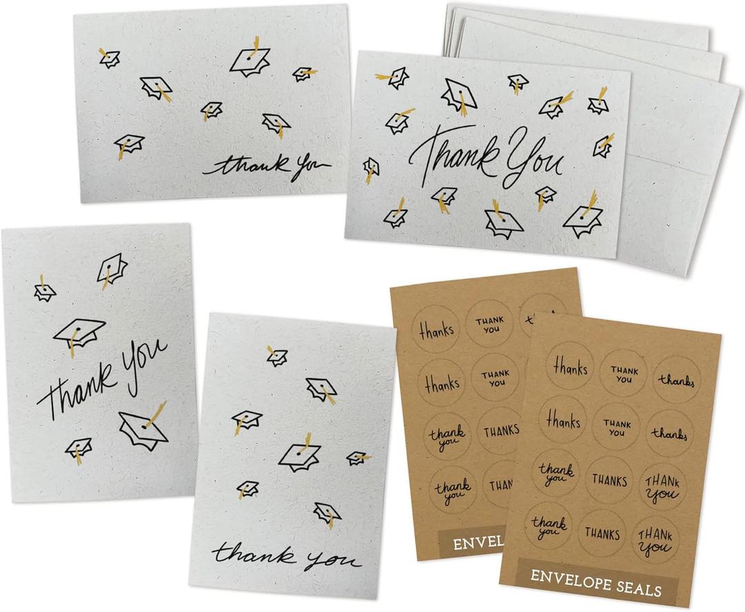 Sugartown Greetings Gold Tasseled Grad Caps in the Air Graduation Thank You Cards 2024 - Assorted Set of 24 Note Cards with Envelopes & Sticker Seals - Grad Party Thank You Cards