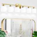 6 Light Gold Bathroom Vanity Light for Large Mirror, Gold Vanity Lights for Bathroom with Milky White Frosted Glass Shades, 38 inch Wall Lamp for Mirrors Living Room E26 Base