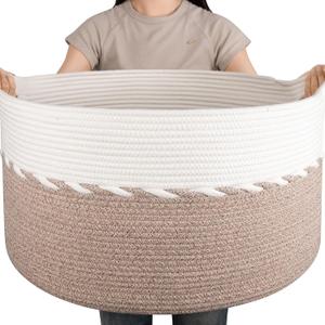 OIAHOMY 87L Extra Large Blanket Basket, 23" x 13", Jumbo Laundry Hamper, Cotton Rope Basket with Handles for Living Room,Baby Toy Storage Bins, Brown