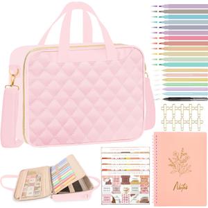 PUGPIU Bible Cover Case for Women, Large Quilted Bible Bag with Shoulder Strap and Handle, Bible Study Supplies Journaling Kit with Highlighters Pens No Bleed Tabs Notebook Cross Clips (Pink)