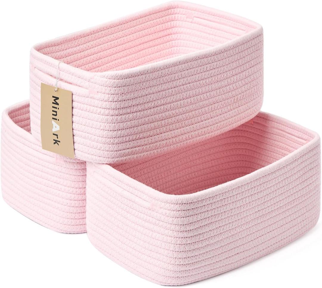 Small Storage Baskets for Organizing | Closet Organizer Bins | Shelf Toy Basket | Woven Rope Baskets | Cube Decorative Box | Shallow Basket | 13x8.5x5.1 | 3 Packs Light Pink