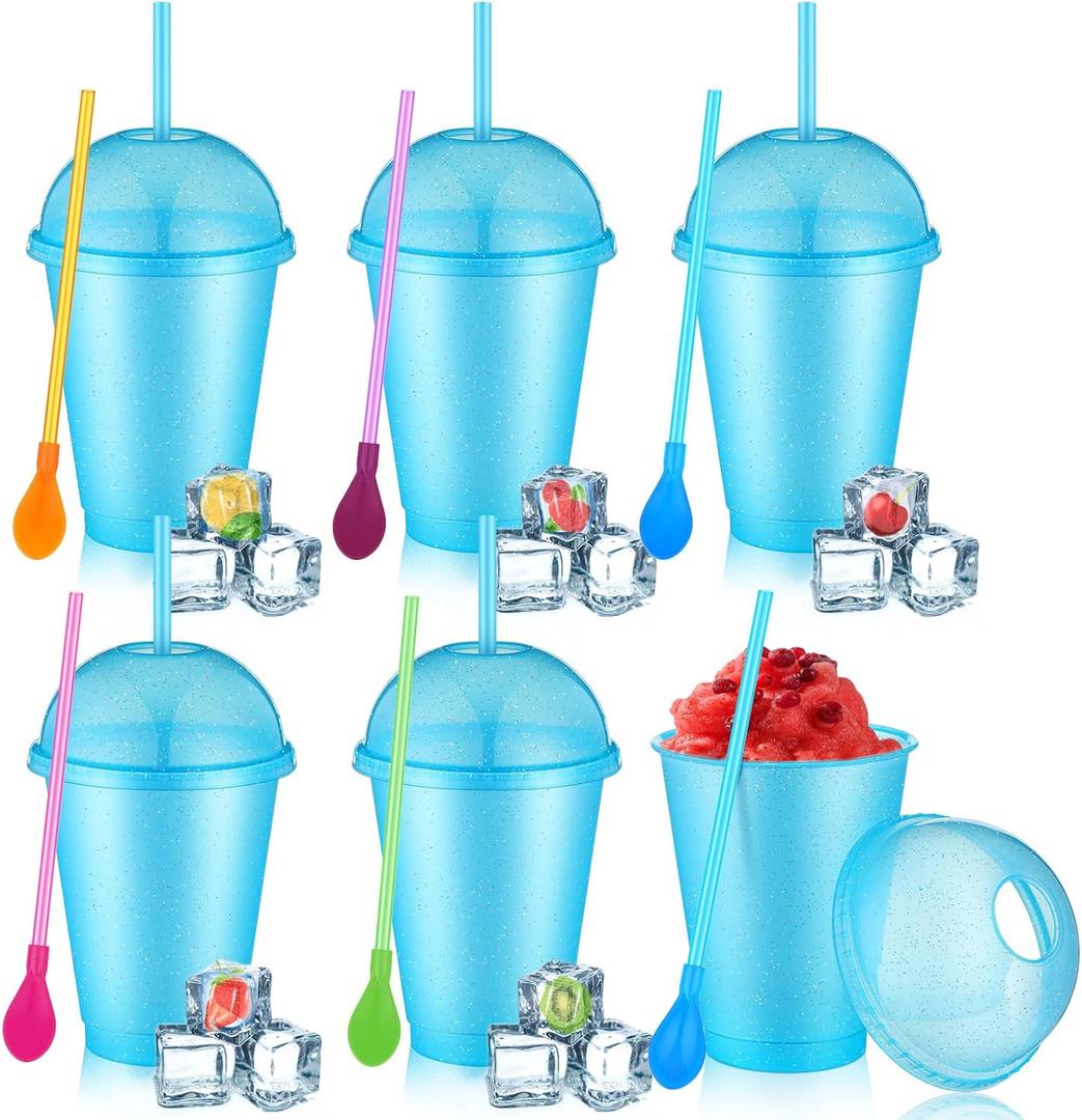 6 Set Slushie Cups with Dome Lids and Straws Detachable Spoon Straws Reusable Plastic Iced Coffee Cups Smoothie Tumbler for Birthdays Summer Party Supplies(Pastel Blue,16 oz)