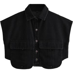 Perbai Womens Cropped Button Down Shirt Summer Collared Sleeveless Loose Denim Top with Pockets (Large, Black)