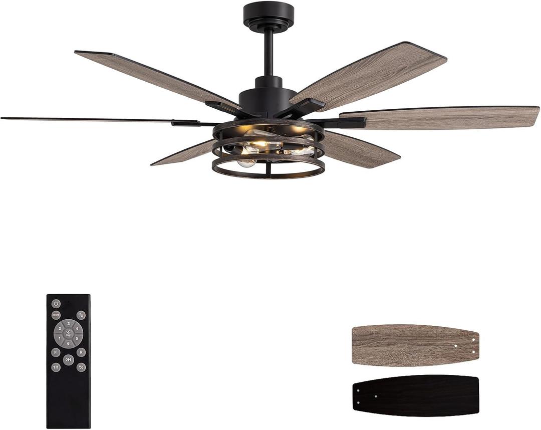 LuminFan 60 Inch Ceiling Fans with Lights and Remote Control, Farmhouse Ceiling Fan for Bedroom Living Room and Patio, Retro Black Caged Ceiling Fan for Indoor and Outdoor
