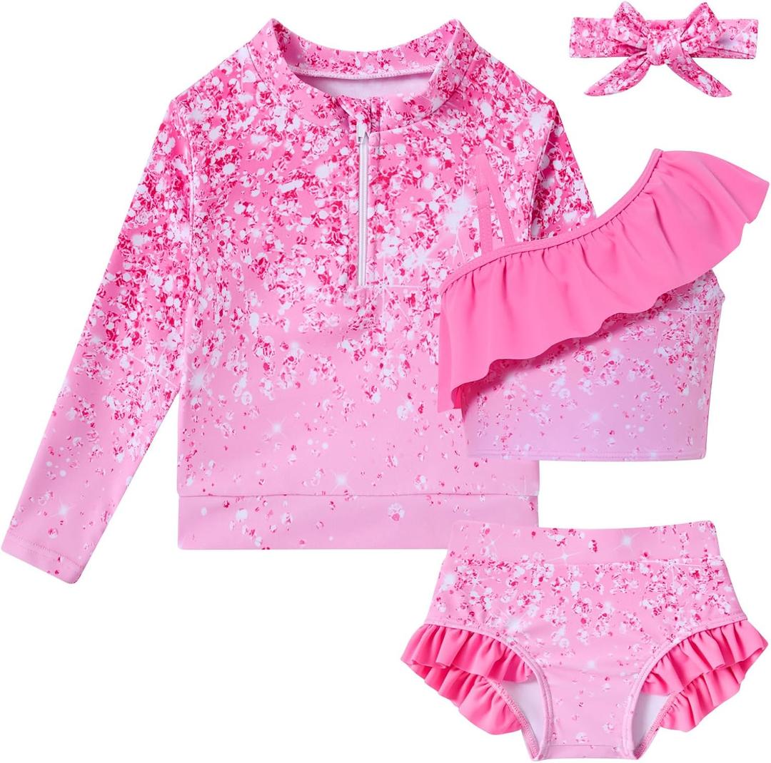 Funnycokid Baby Toddler Girls Swimsuit 4 Piece Bathing Suit Long Sleeve Rash Guard Sets 12 Months - 7 Years (Glitter Print Pink)