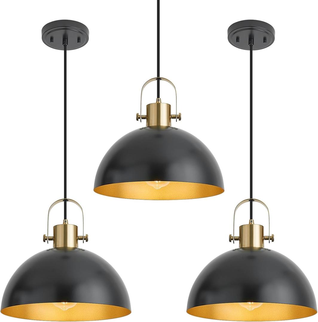 12 Inch Farmhouse Pendant Lights, Black Pendant Lighting for Kitchen Island, industrial Adjustable Height Hanging Light for Barn, Dining Room, 3 Pack