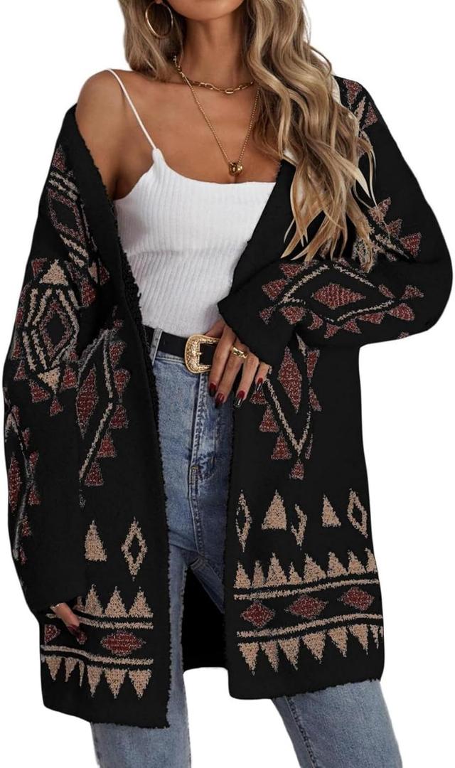 WDIRARA Women's Open Front Long Sleeve Long Cardigan Boho Chunky Sweaters Outwear Coats 2025 Fall Outfits (Black, Small)