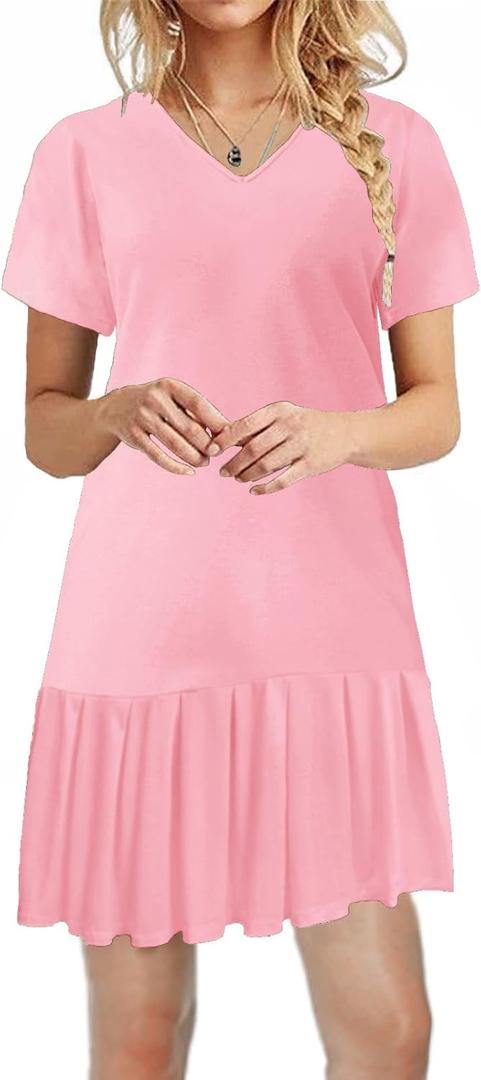 Alaster Queen Womens 2025 Summer T Shirt Pleated Dress Short Sleeve Casual Swing Tunic Dress with Pockets (Pink)