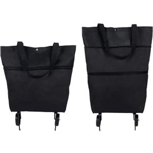 Trolley Folding Shopping Bag Collapsible Two-Stage Zipper Folding Shopping Bags 2 In 1 Foldable Shopping Portable Cart With Wheels Lightweight Storage Bag for Shopping Fruits Vegetables (Black)