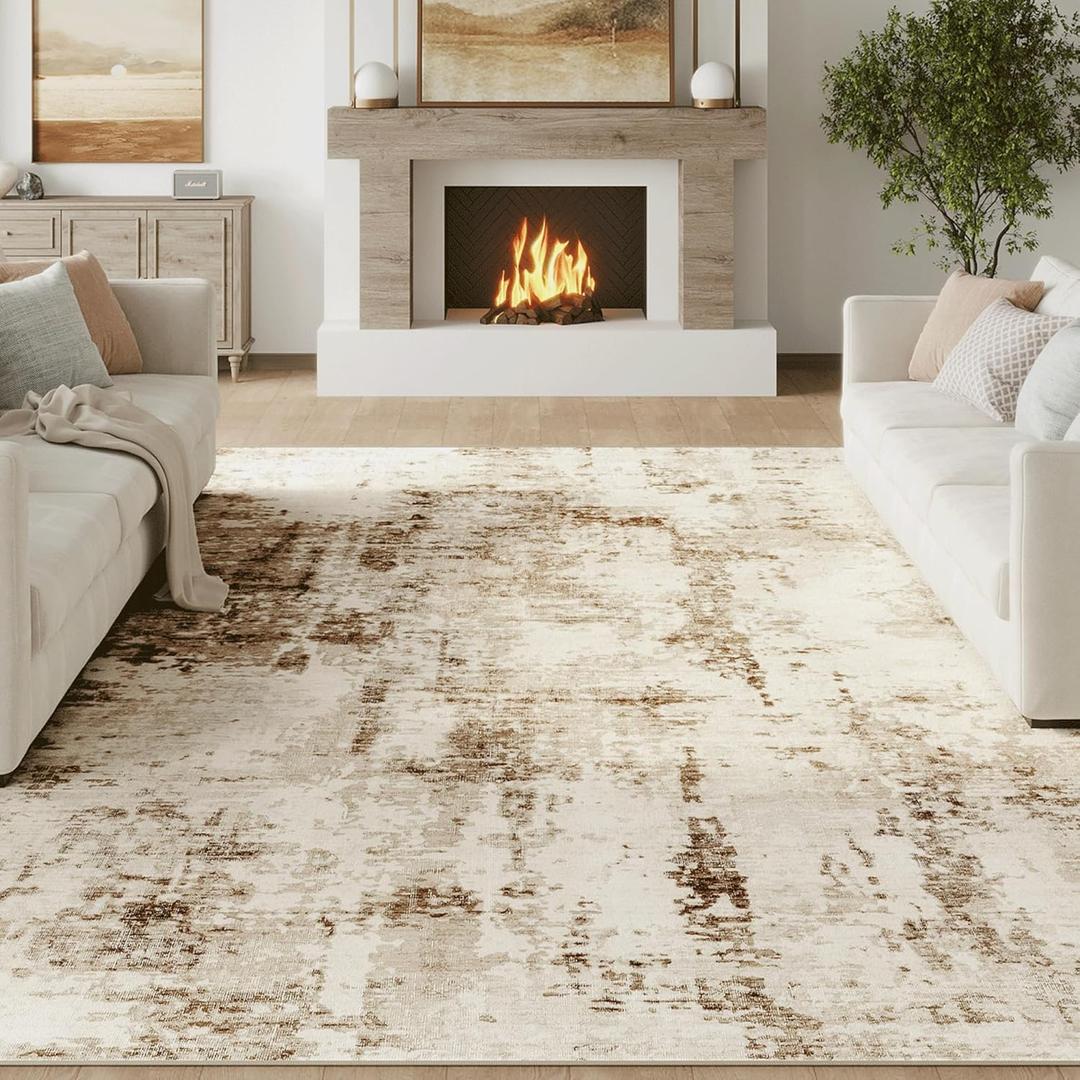 FMFUNCTEX 9x12 Washable Abstract Area Rug Brown Beige Neutral Modern Large Non Slip Carpet for Living Room Bedroom Soft Accent Low Pile Indoor Mat Accent Throw Rug for Dining Kitchen Office Nursery