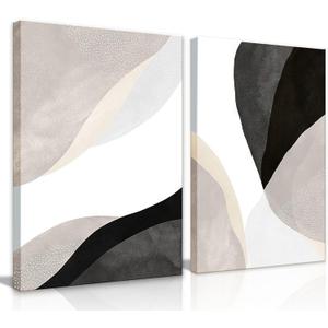 Modern Boho Canvas Wall Art Set of 2 - Minimalist Abstract Beige Black and White Neutral Textured Wall Art for Living Room, Dining Room, Office, Bathroom, Bedroom - Framed 12x16 in (12x16 inch, Black White Beige)
