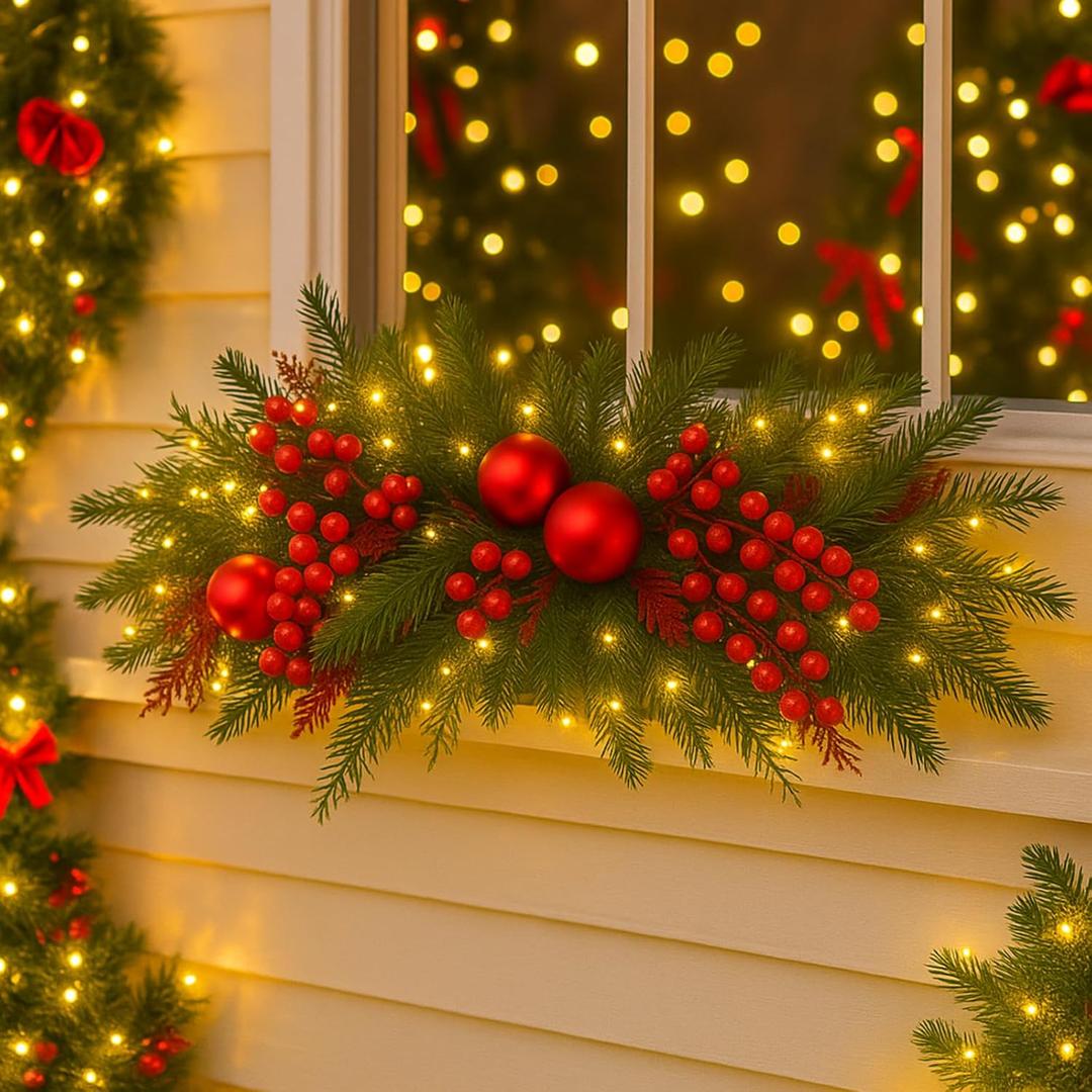 Yalikop 24.5 inch Christmas Swags with Light Artificial Pine Needles Swag Decoration Greenery Christmas Swag for Front Door Window Stair Fireplace Mantle Holiday Xmas Decor(Ball and Berry)