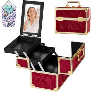 Makeup Train Case, Portable Makeup Case with Mirror, 2-Trays Cosmetic Organizer Case,Nail Polish Organizer, Travel Makeup Box, Profesional for Salon Barber, Pattern Red