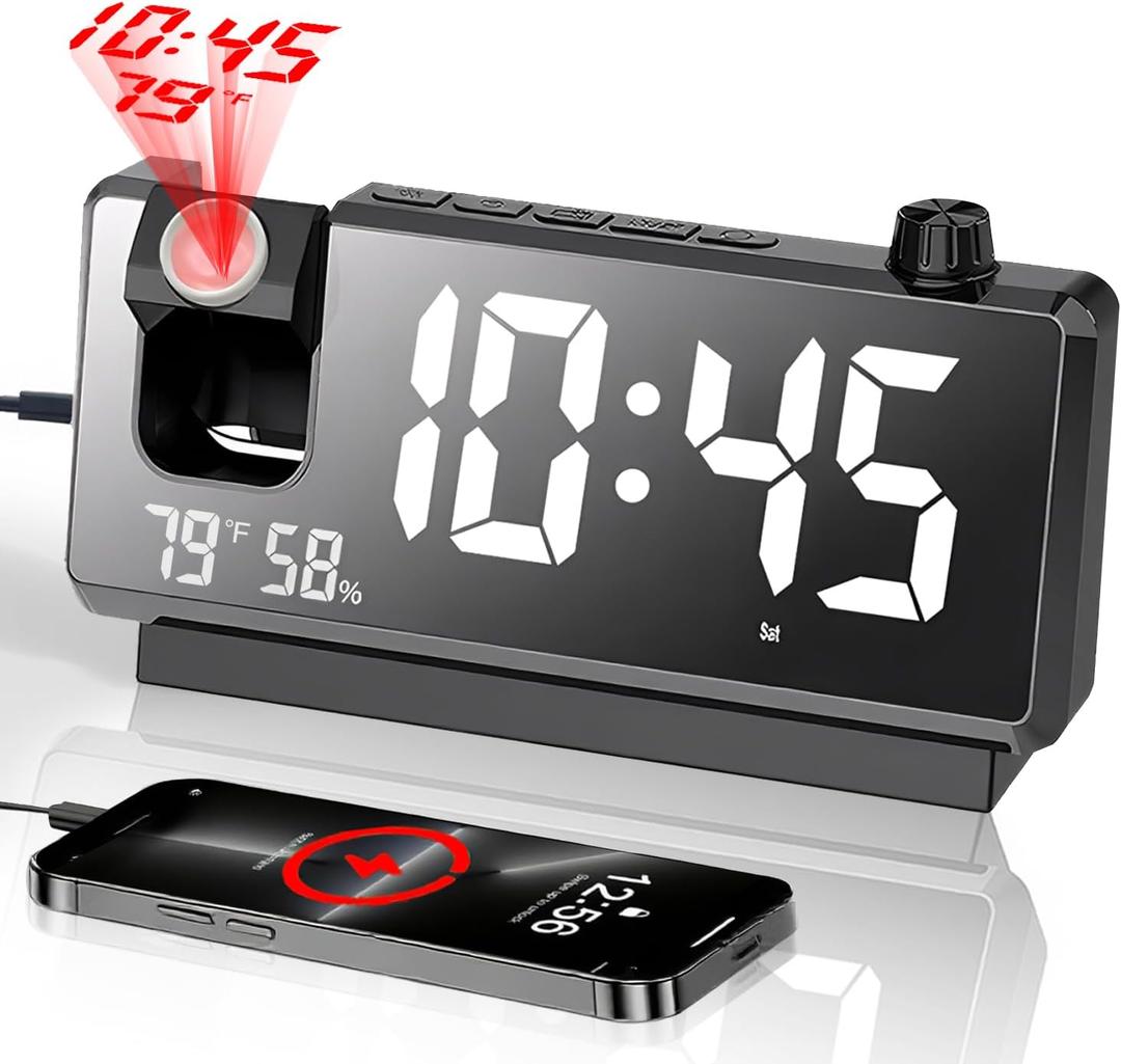 Projection Alarm Clocks for Bedrooms - 2025 New Alarm Clock with 180 Rotatable - Digital Clock with Clear LED Display, Loud Dual Alarm Clock for Heavy Sleepers, Kids Elderly, Snooze, USB Charger