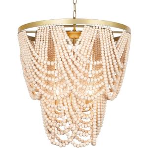 6-Light Bohemia Wood Beaded Chandelier for Dining Room, Coastal Pendant Light for Bedroom, Modern Farmhouse Light Fixtures for Entryway, Gold and Oak Finish