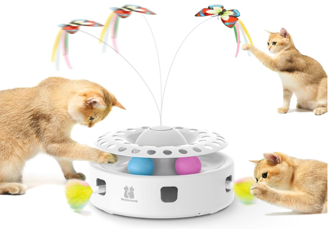 Potaroma Cat Toys 3-in-1 Automatic Interactive Kitten Toy, Fluttering Butterfly, Random Moving Ambush Feather, Track Balls, Dual Power Supplies, USB Powered, Indoor Exercise Cat Kicker