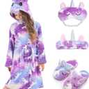 Soft Unicorn Hooded Robe with Matching Slippers Headband and Blindfold for Girls, Purple 4-5T