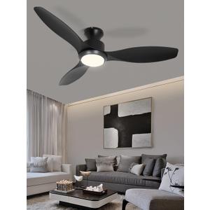 48" Ceiling Fan with Light and Remote, Black Flush Mount Ceiling Fan with 3 Blades,3 Color Dimmable Lights, 6 Speeds, Queit DC Motor, Memory Function, Indoor/Outdoor/Bedroom/Living Room/Patios, Black