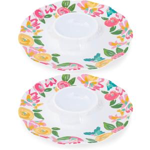 Mary Square Garden Party Pink Floral 15 inch Melamine Serving Dining Chip and Dip Serving Set For Entertaining Parties Gift Bundle Set of 2