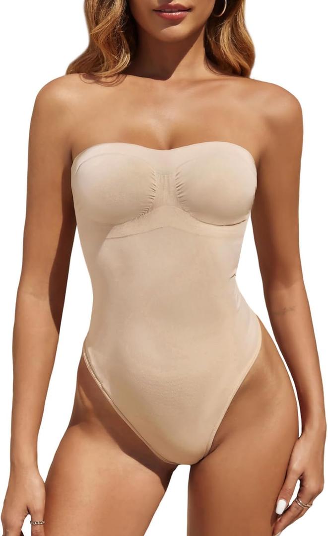 Fisoew Women's Strapless Shapewear Tummy Control Thong Bodysuit One Piece Tube Top Seamless Body Shaper (Beige, L)
