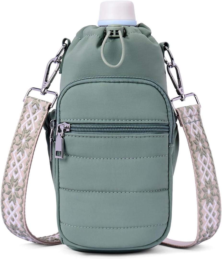 Lexiyat Water Bottle Bag 40 oz Crossbody Holder for Walking Hiking Insulated Carrier Purse with Adjustable Strap (Green)