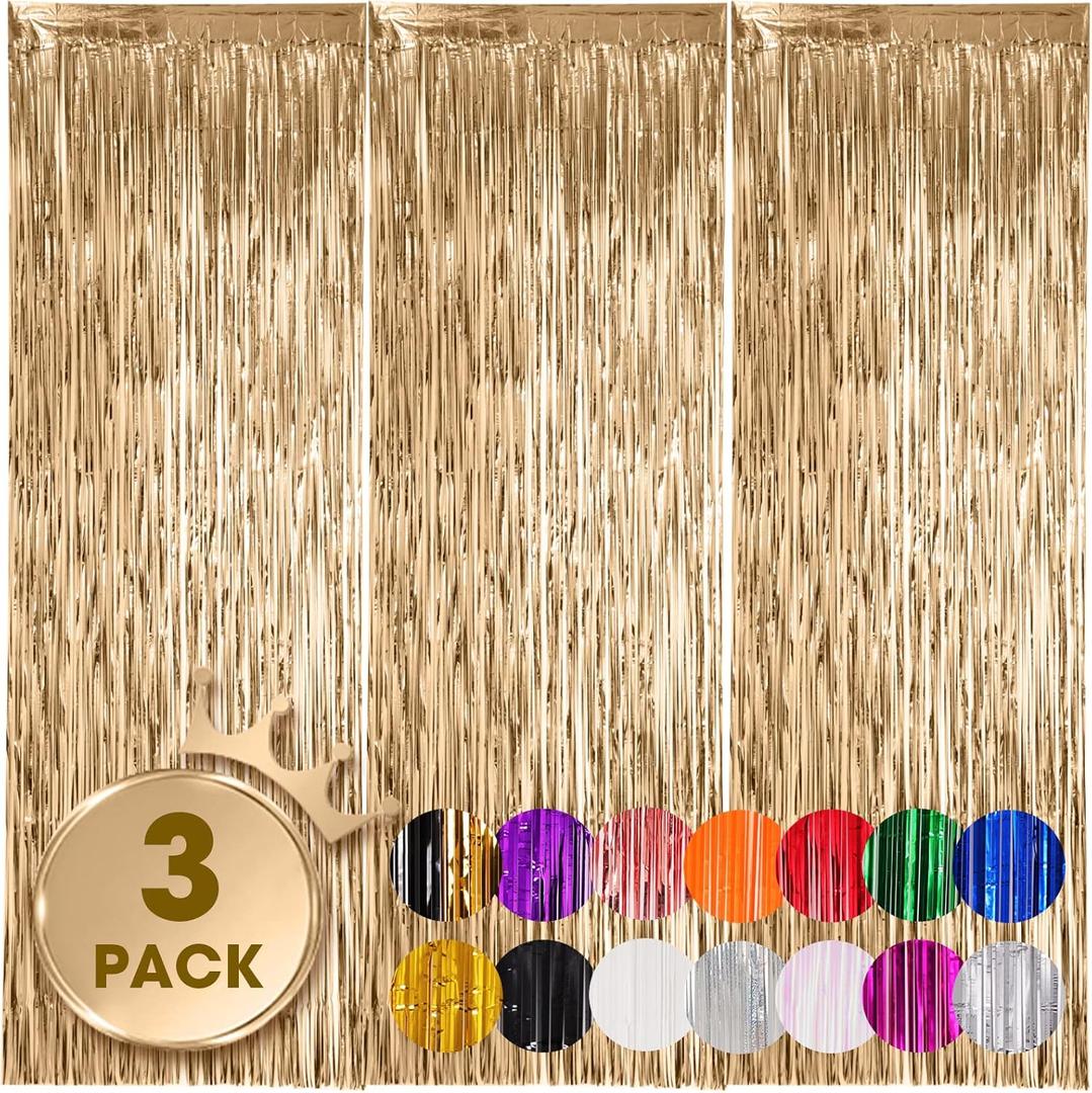 Voircoloria 3 Pack 3.3x8.2 Feet Champagne Foil Fringe Backdrop Curtains, Tinsel Streamers Birthday Party Decorations, Fringe Backdrop for Graduation, Baby Shower, Gender Reveal, Disco Party
