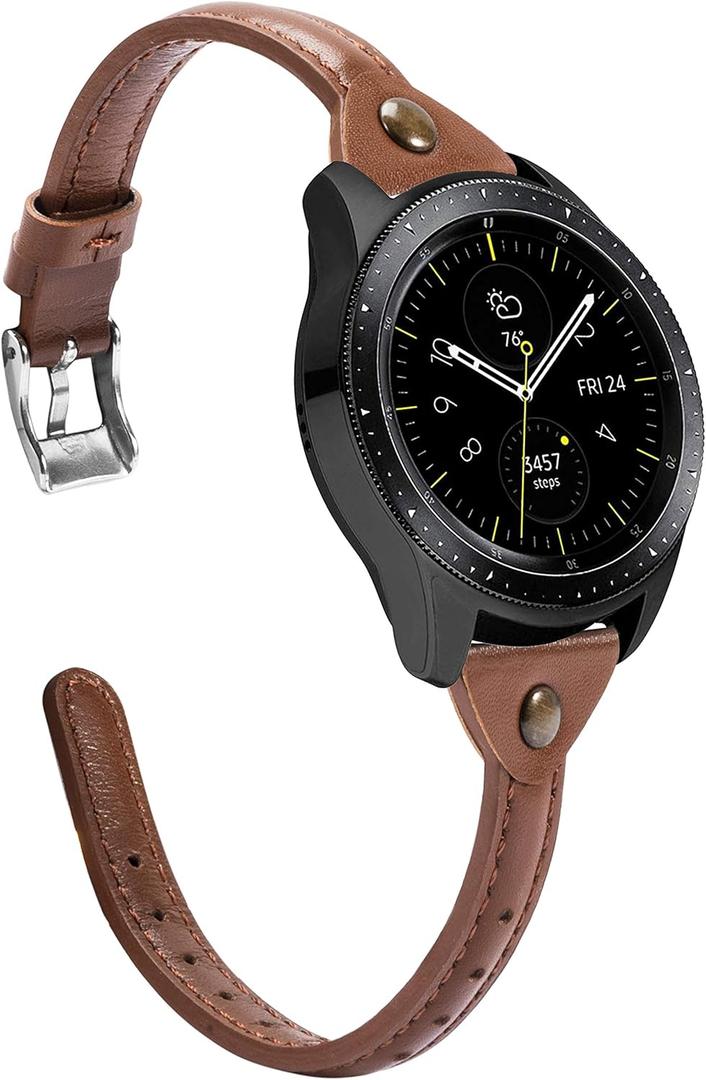 Wearlizer Slim Leather Compatible with Samsung Galaxy Watch 7/FE/6/5/5 Pro/Watch 4 40mm 44mm/Watch 4 Classic 42mm 46mm/Watch 3 41mm/Active 2 Band Women,20mm Watch Strap for Garmin Vivoactive 3-Brown