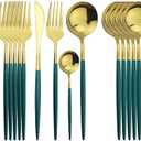 Gold Silverware Set, 24-Piece Stainless Steel Flatware Set Service For 6, Mirror Polished Green Handle Tableware Cutlery Set Knife Fork And Spoon For Home & Restaurant, Dishwasher Safe
