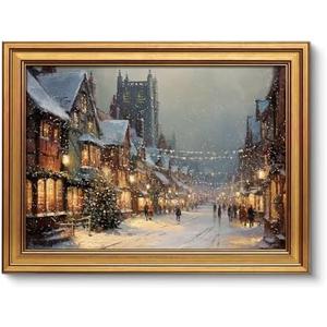 VIYYIEA Vintage Gold Framed Wall Art for Living Room, Christmas Canvas Prints Home Decor, Oil Painting Picture, Bedroom Wall Decor Gifts for Friends or Family -【A Cold Snowy Night】-(16L x 12W)