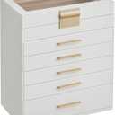SONGMICS GISELLA Collection - Jewelry Box Organizer, 6-Layer Jewelry Storage with 5 Drawers, Shiny Metal Hardware, Glass Lid, Modern, 6.4 x 9.9 x 11.4 Inches, Cloud White and Gold Color UJBC171W01
