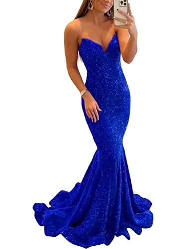 Sequin Prom Dresses for Women Mermaid Sparkly Formal Long Everning Party Gowns V-Neck Homecoming Dress for Teens Royal Blue US06