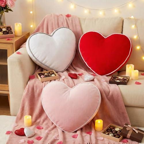 Threehoney 3 Pcs Heart Shaped Pillows Valentine's Day Home Decor Edged Throw Pillow Soft Cotton Cushions Red Pink White Love Heart Romantic Gift for Her Sofa Bed Chair House Decorations