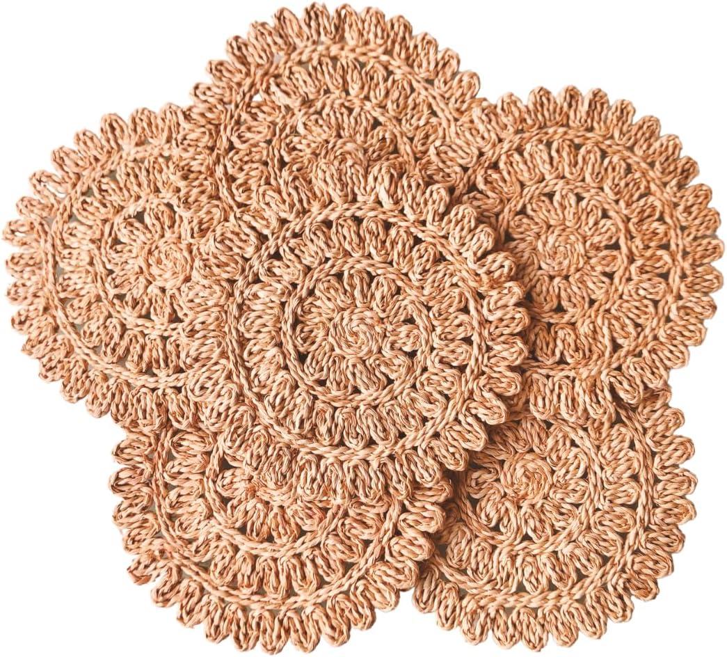 13.8 Set of 6 Flower Woven Placemats from Natural Corn Husk, Boho Wicker Place mats, Rattan Round Placemats for Farmhouse and Spring, Summer Parties
