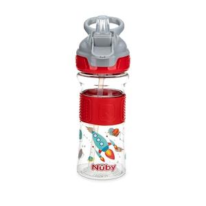 Nuby Thirsty Kids Push Button Flip-it Soft Spout on The Go Water Bottle with Easy Grip Band, 12oz, Rocket