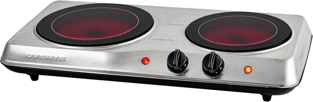 OVENTE Countertop Infrared Double Burner, 1700W Electric Hot Plate and Portable Stove with 7.75" and 6.75" Ceramic Glass Cooktop, 5 Level Temperature Setting and Easy to Clean Base, Silver BGI102S