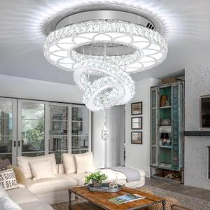Flashing God Dia 24" Crystal Chandelier Crystal Silver Ceiling Light Fixtures LED Flush Mount Ceiling Light for Living Room Bedrooms Dining Room Dimmable 2700k 4500k 6000k