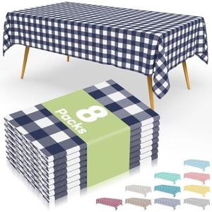 Smiry 8 Packs Gingham Disposable Table Cloth, 54 x 108 Inch Waterproof Plastic Tablecloth, Rectangle Navy and White Checkered Table Covers for Picnic, Birthday, Party