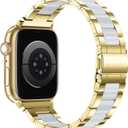 Wearlizer Compatible with Apple Watch Band 49/46/45/44/42mm Fashion Wristbands Womens, Stainless Steel+Resin Metal Replacement for iWatch Series 11 10 9 8 7 6 5 4 3 SE/Ultra 3 2 1-Gold+White