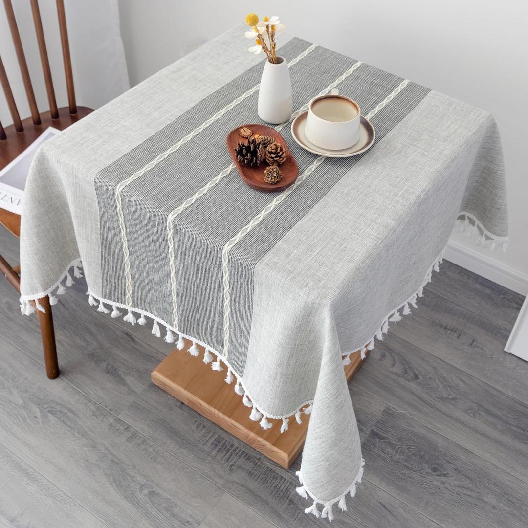 Waterproof Cotton Linen Washable Tablecloth Farmhouse Wrinkle Free Square Burlap Table Cloths 52x52 Inch Grey Heavy Weight Table Cover with Tassels for Kitchen Dinning Party Holiday