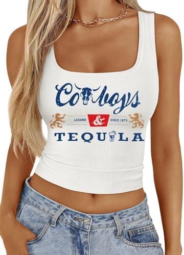 Western Cowgirl Tank Tops Women Country Music Crop Top Sleeveless Cowboy Graphic Cami Shirt, Size Medium