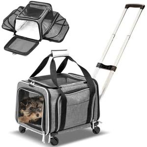 Expandable Premium Pet Carrier on Wheels- Two Sided Expandable Rolling Carrier- Designed for Dogs & Cats- Extra Spacious Soft Lined Carrier! (Grey and Blue
