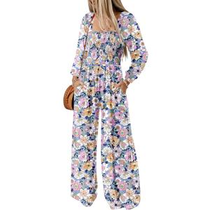 Dokotoo Women's Casual Loose Overalls Jumpsuits One Piece Long Sleeve Printed Wide Leg Long Pant Rompers With Pockets (X-Large, Purple)