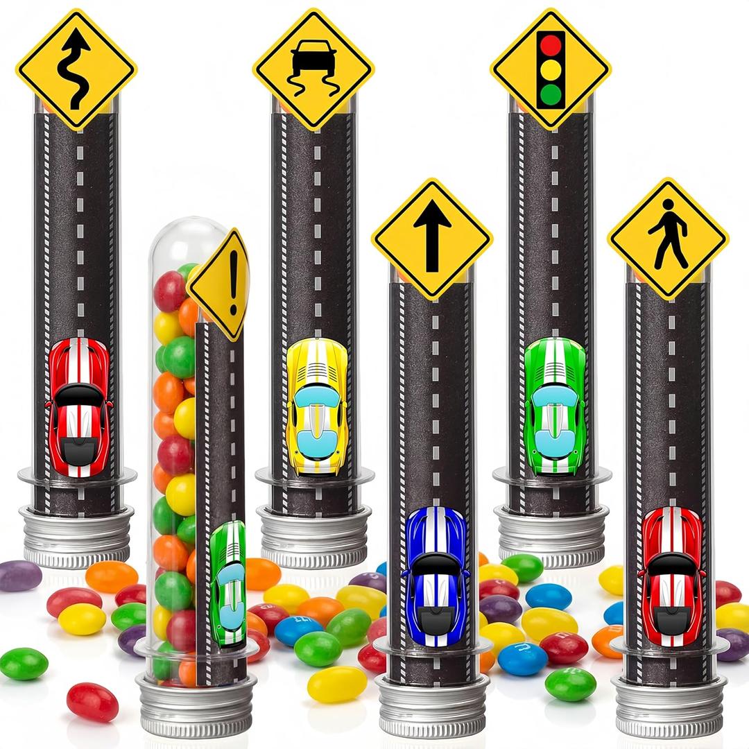 6 Set Race Car Party Candy Tubes Racing Car Racetrack Traffic Warning Signs Plastic Test Tubes Racing Popcorn Candy Cookie Container Cars Birthday Party Supplies for Race Fans (Classic)