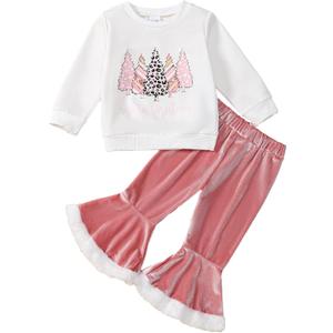 Toddler Girl Christmas Outfit Santa/Christmas Tree Sweatshirt+Velvet Bell-Bottoms Clothes (4-5T, Pink)