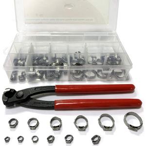 200 Pcs 304 Stainless Steel Stepless Single Ear 5-33mm Hose Clamps with Pincers Crimper Tool Kit | Securing Pipe Hoses Automotive | Cinch Rings Pinch Clamp, Crimp Clamp Assortment PEX Crimping