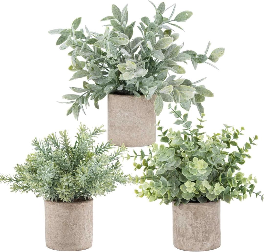 Der Rose 3 Pack Mini Potted Fake Plants Artificial Plastic Eucalyptus Plants Topiaries for Home Office Desk Farmhouse Room Bathroom Decor (Grey)